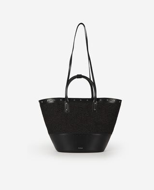 The Kooples FEMME BLACK sac cabas en cuir et raphia noir