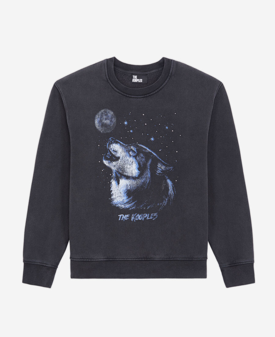 women's black sweatshirt with wolf serigraphy