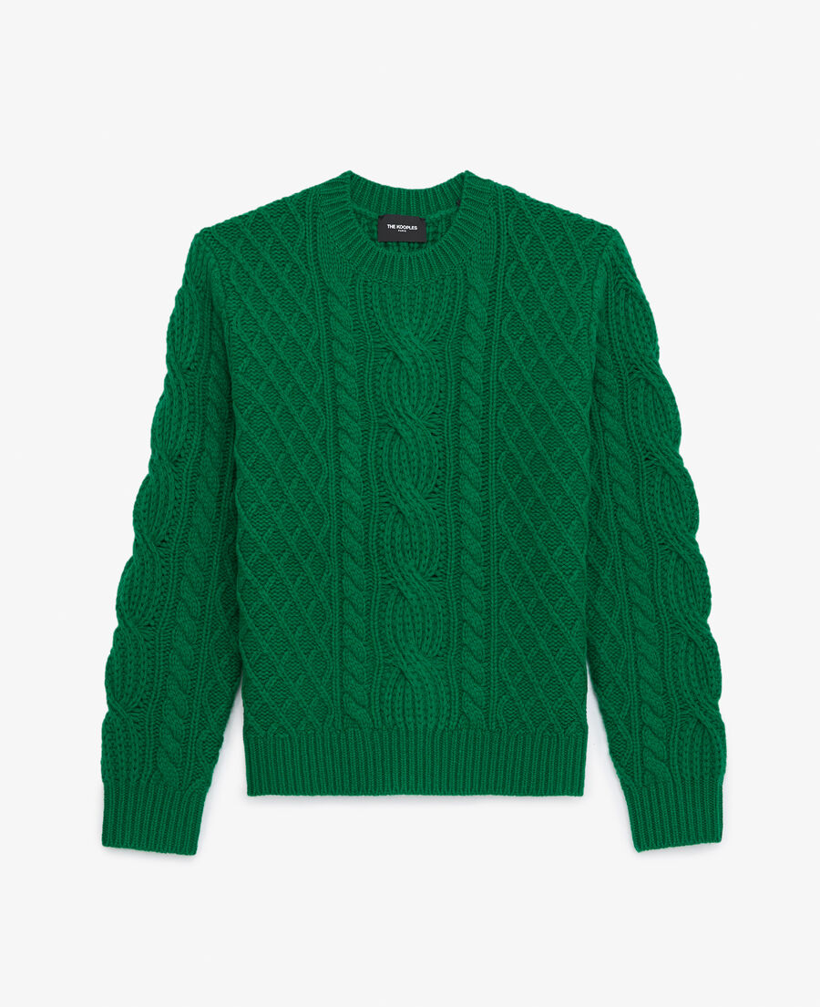 green wool cable knit sweater