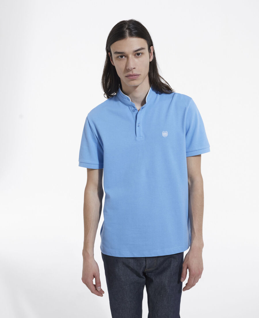 embroidered blue polo w/ buttoned officer collar