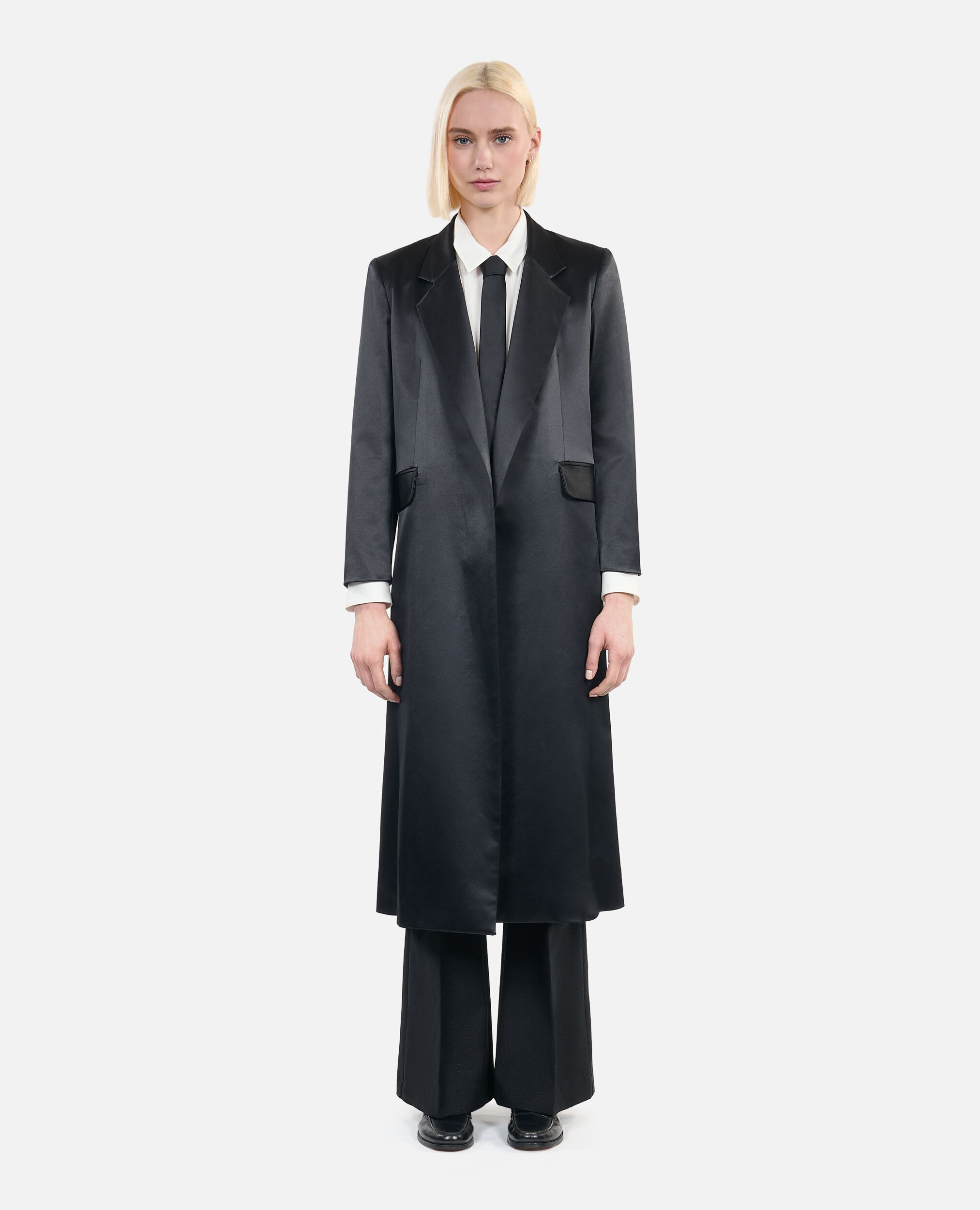 The Kooples x Carolina Ritzler black satin coat, BLACK, hi-res image number null