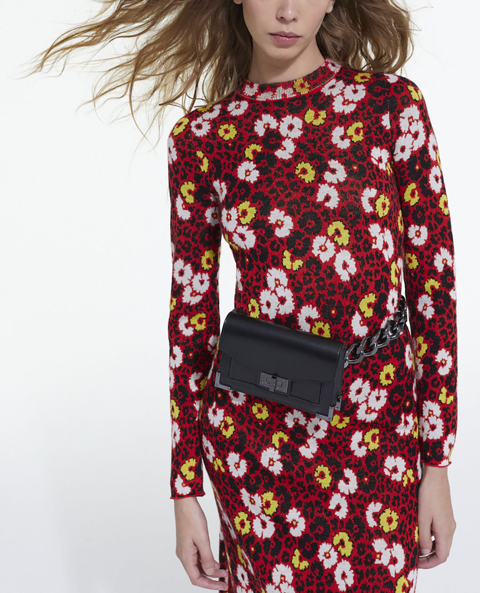 Long wool dress with floral print, DARK RED, hi-res image number null