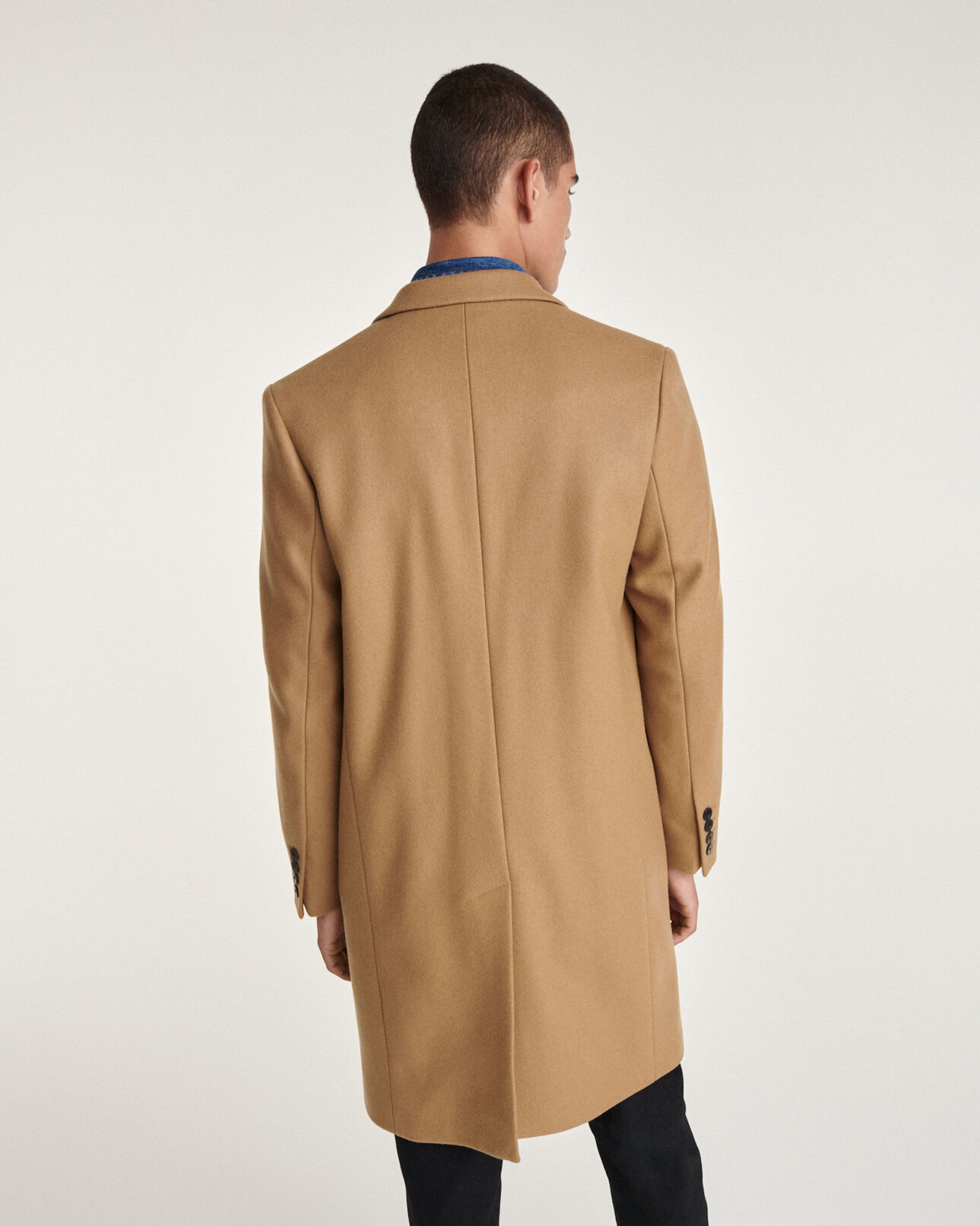 The Kooples HOMME CAMEL manteau laine beige droit à détail cuir