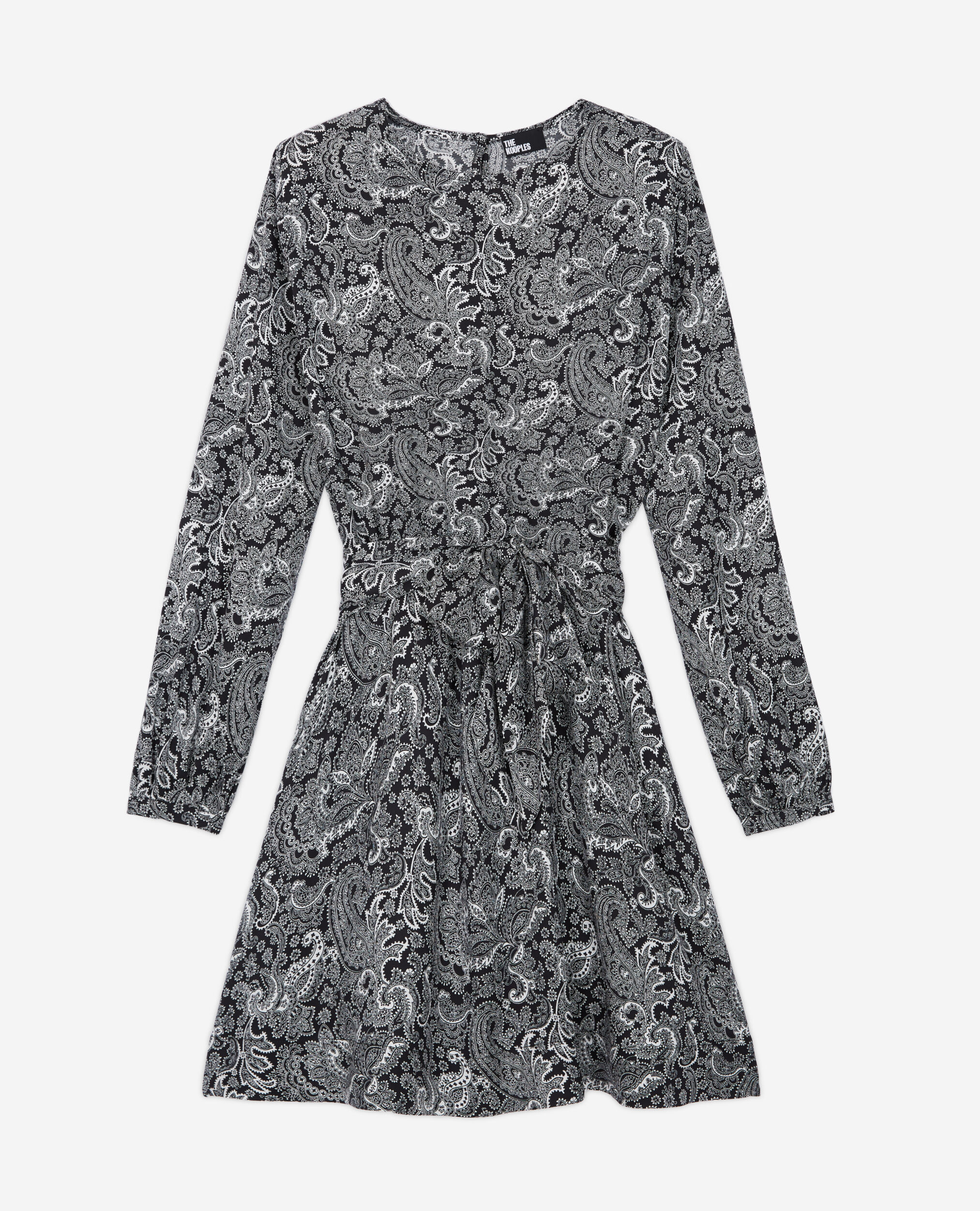 Kurzes Kleid mit Gürtel und Print, BLACK WHITE, hi-res image number null