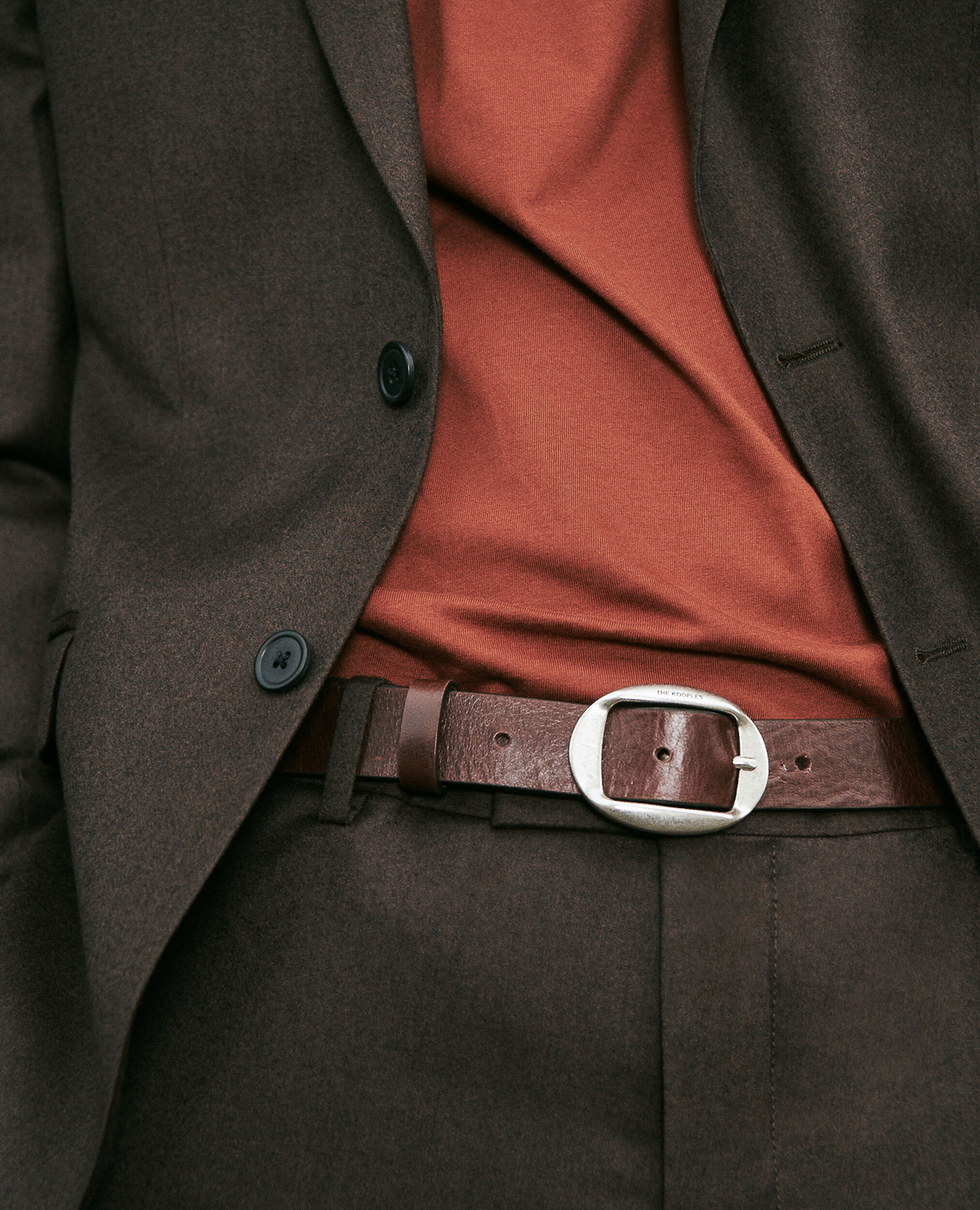 Brown leather belt with oval buckle, BROWN, hi-res image number null
