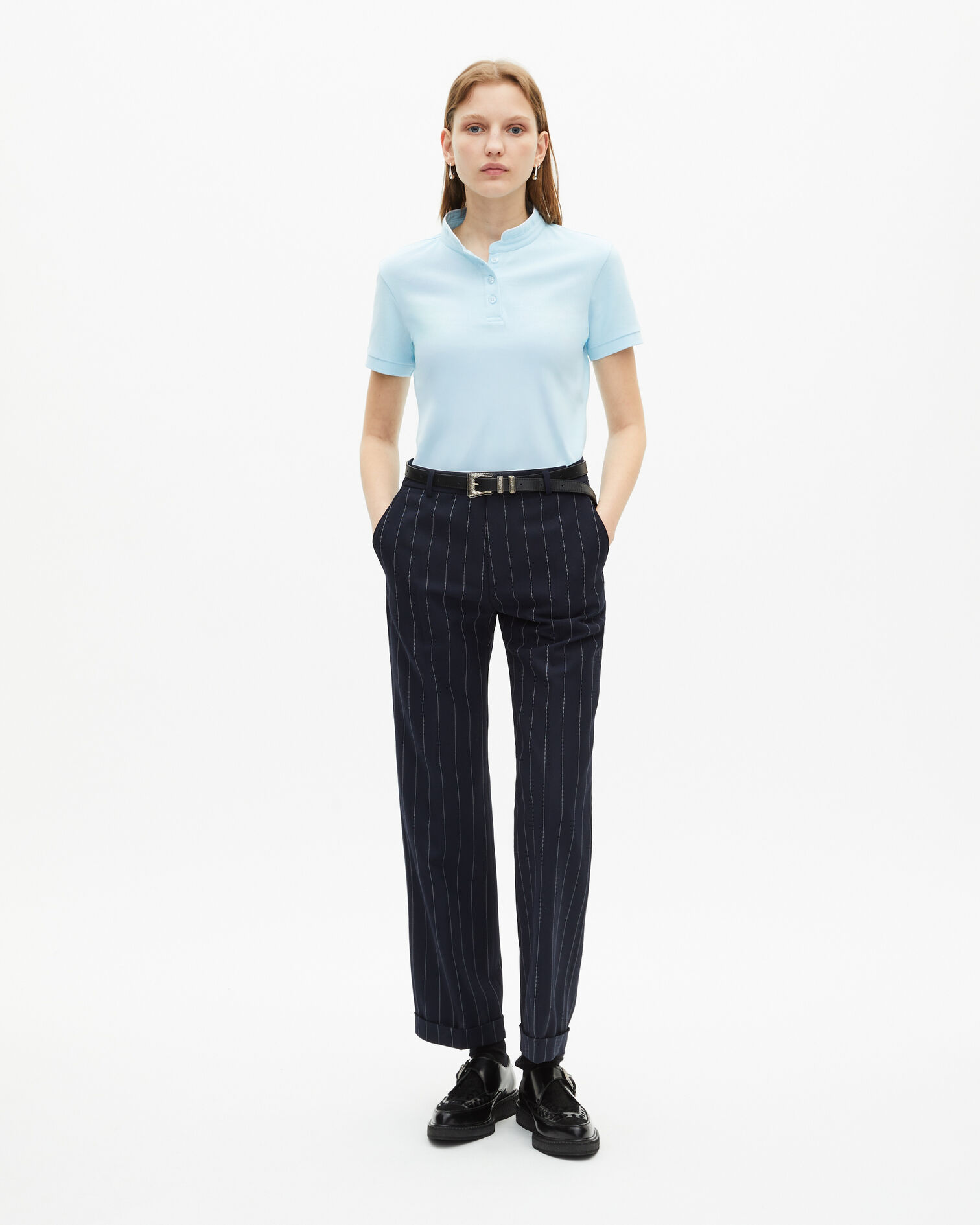Light blue mandarin collar polo shirt, BABY BLUE, hi-res image number null