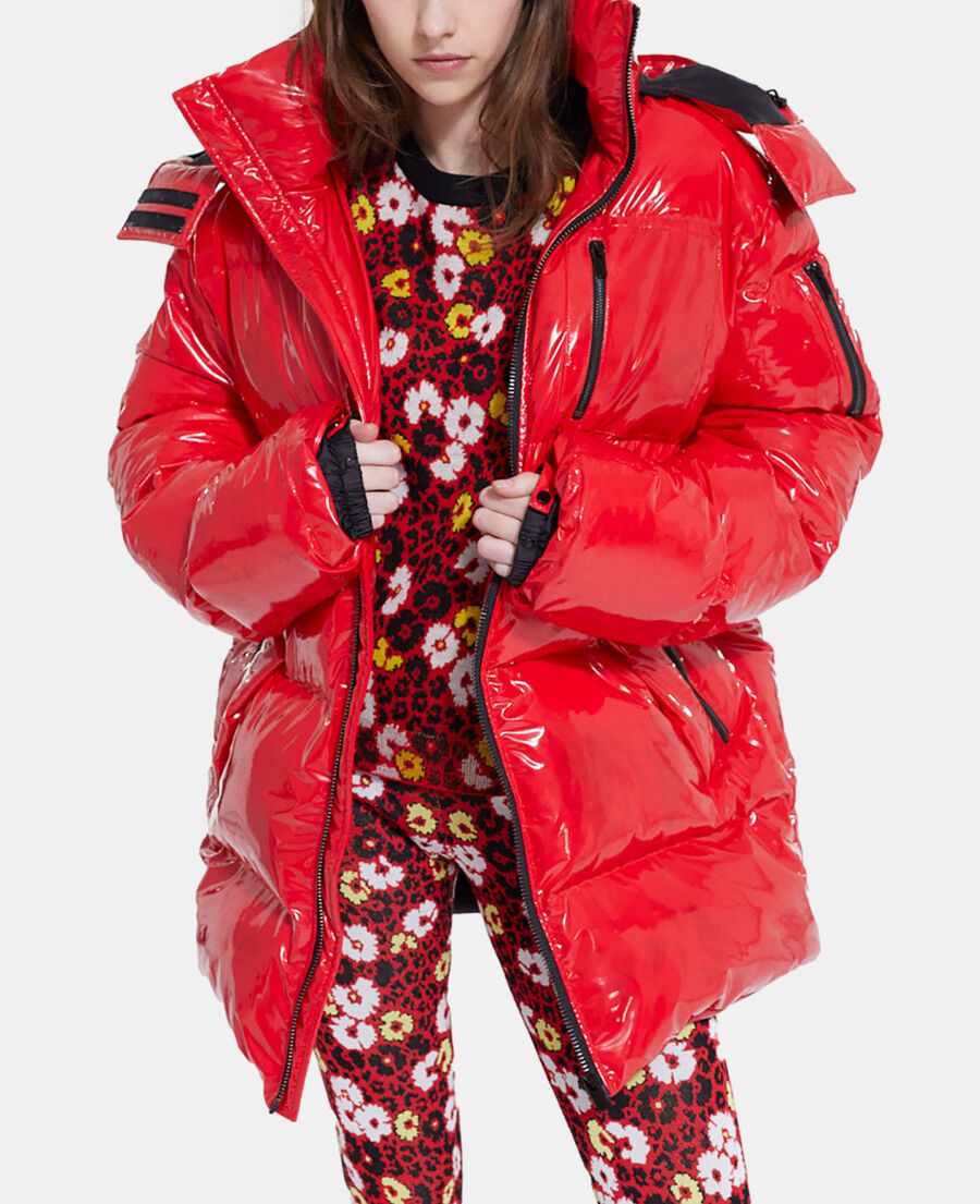 red oversized vinyl down jacket with straps and logo