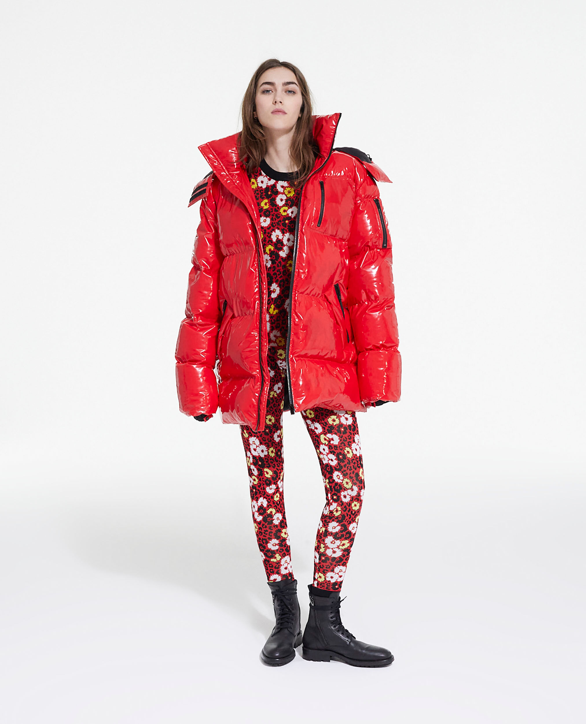 Red oversized vinyl down jacket with straps and logo, RED, hi-res image number null