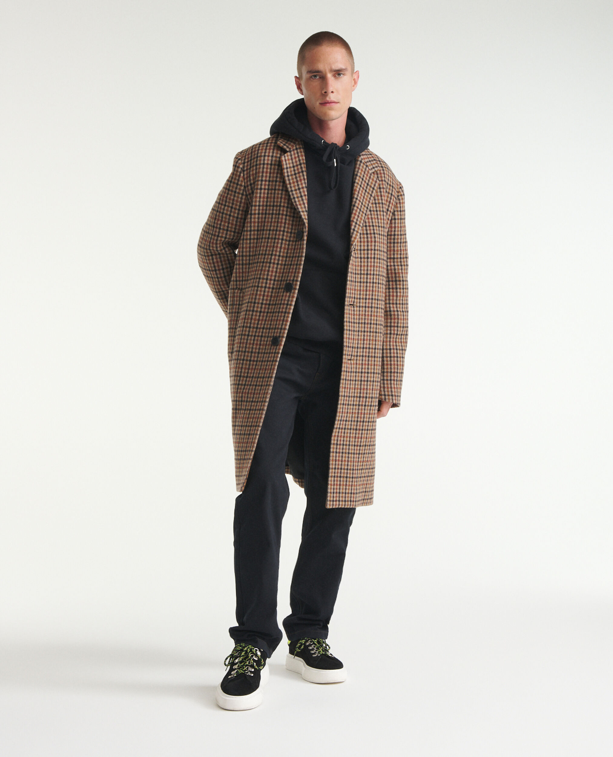 Straight-cut check camel printed coat in wool, BABY CAMEL / WINE RED, hi-res image number null
