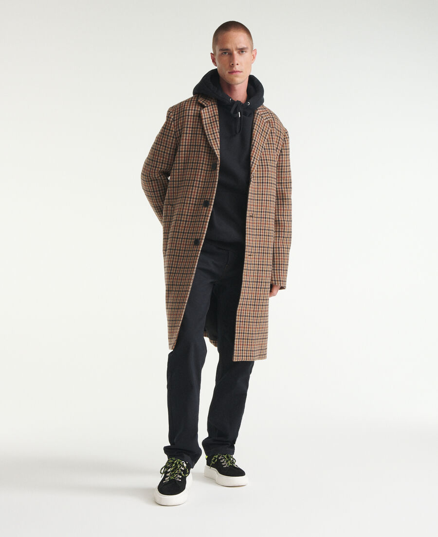 straight-cut check camel printed coat in wool