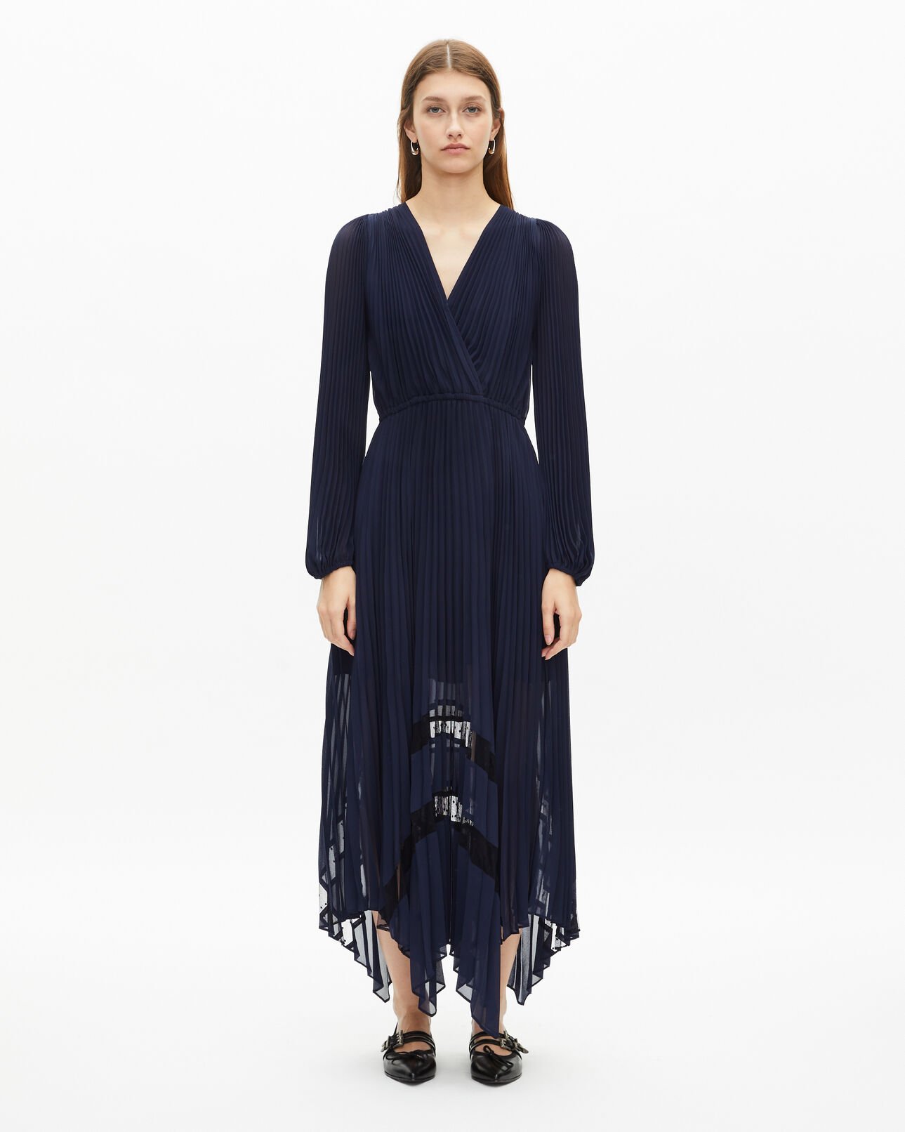 The Kooples DAMEN NAVY langes plisseekleid mit marineblauer spitze