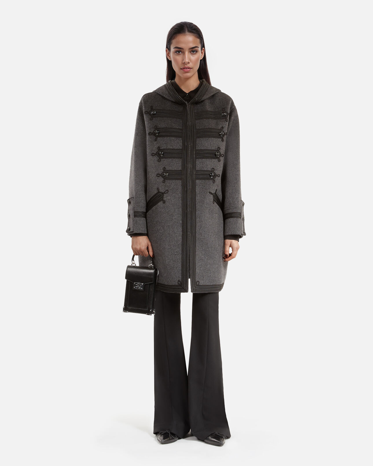 The Kooples WOMEN PETROL GREY long hooded pea jacket in grey wool