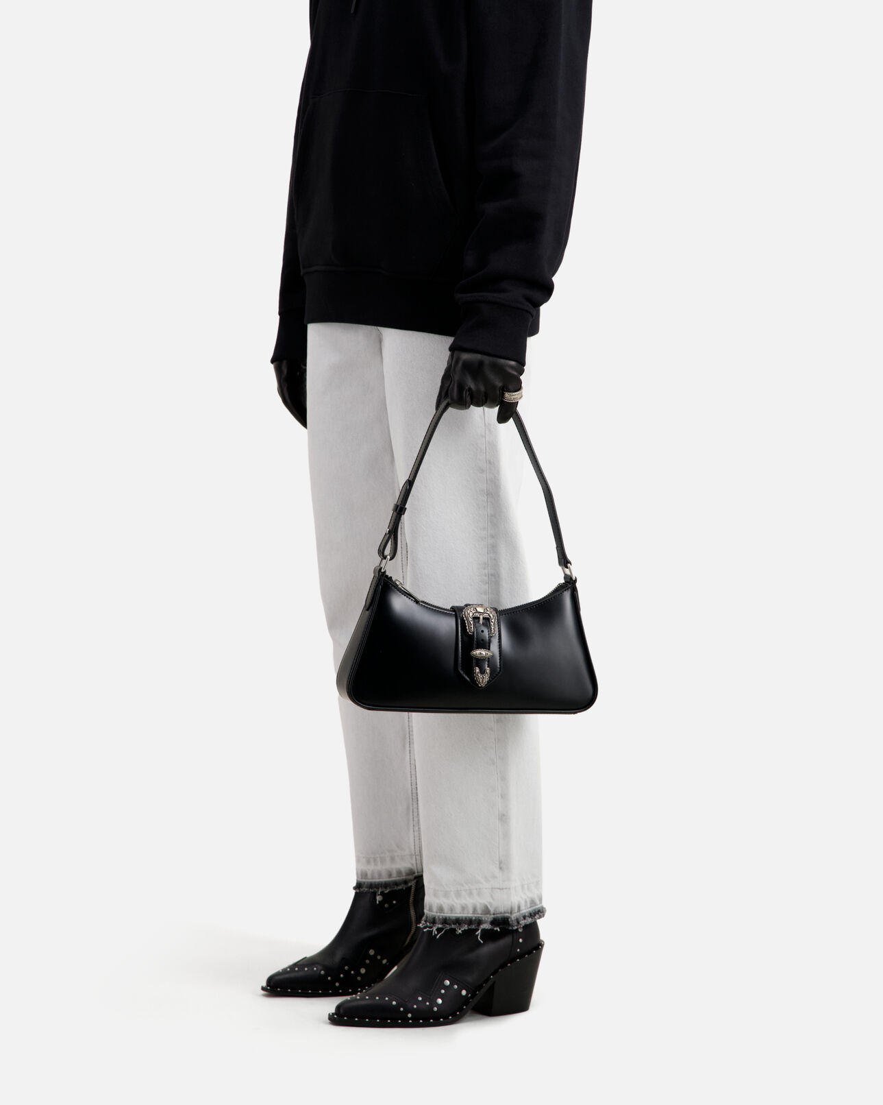 The Kooples WOMEN BLACK black glazed leather joe bag with western buckle