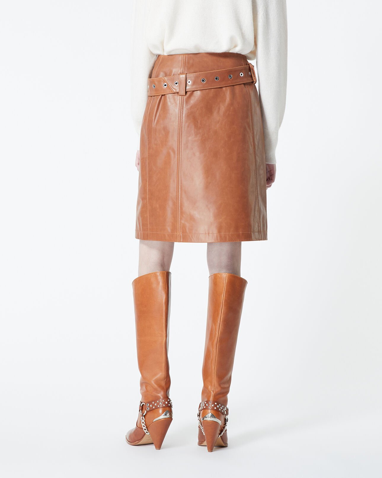The Kooples FEMME BROWN jupe courte cuir marron ceinturée