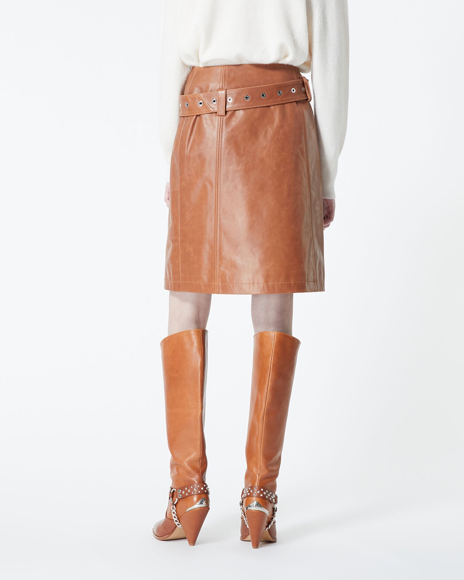Jupe courte cuir marron ceinturée, BROWN, hi-res image number null