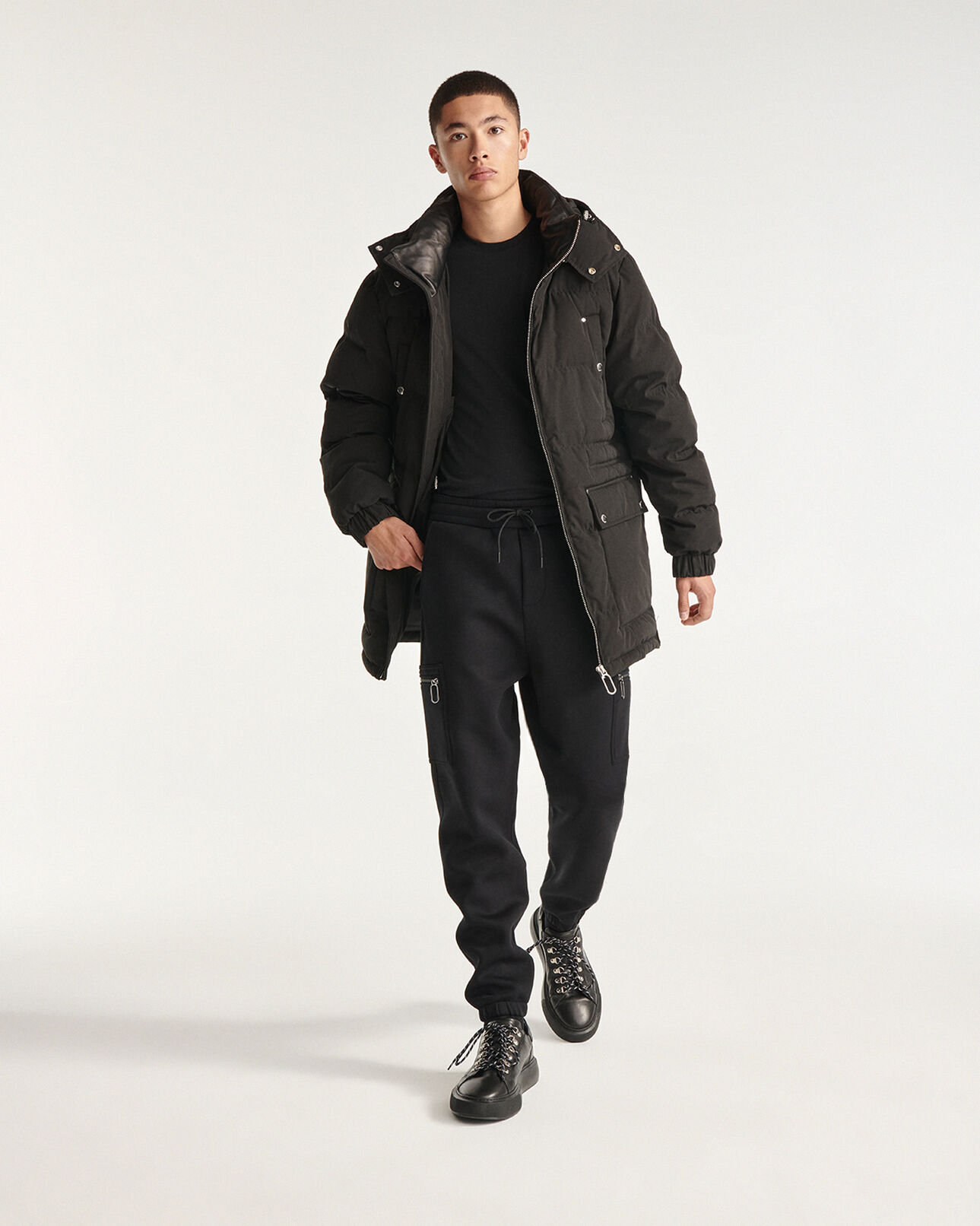 The Kooples MEN BLACK long black nylon parka with removable hood