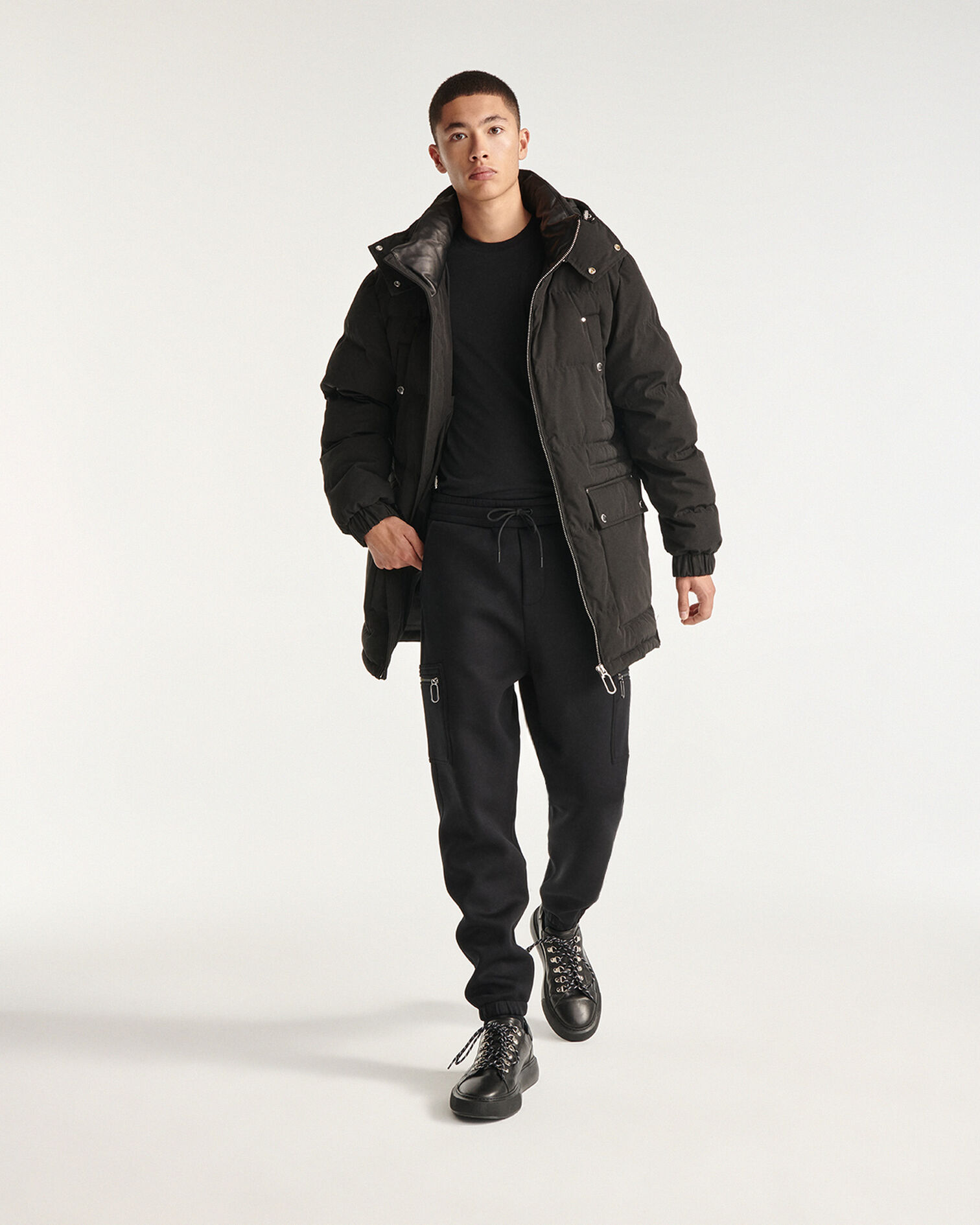 Long black nylon parka with removable hood, BLACK, hi-res image number null
