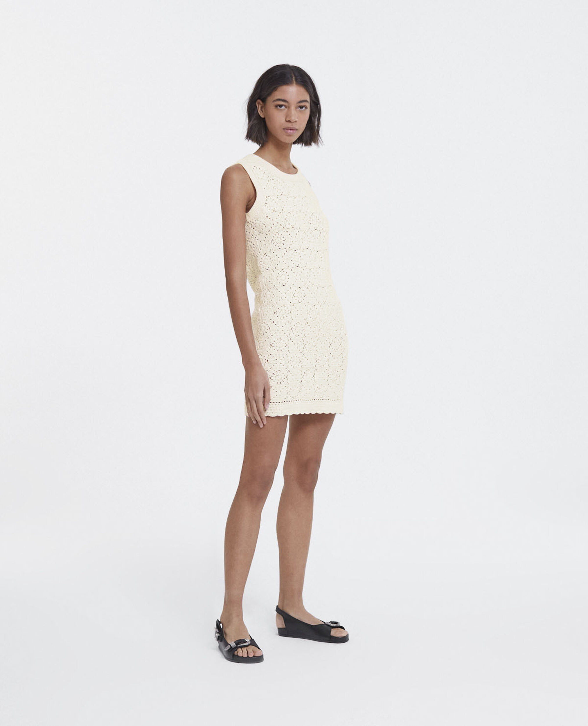 Short sleeveless white cotton dress, WHITE, hi-res image number null