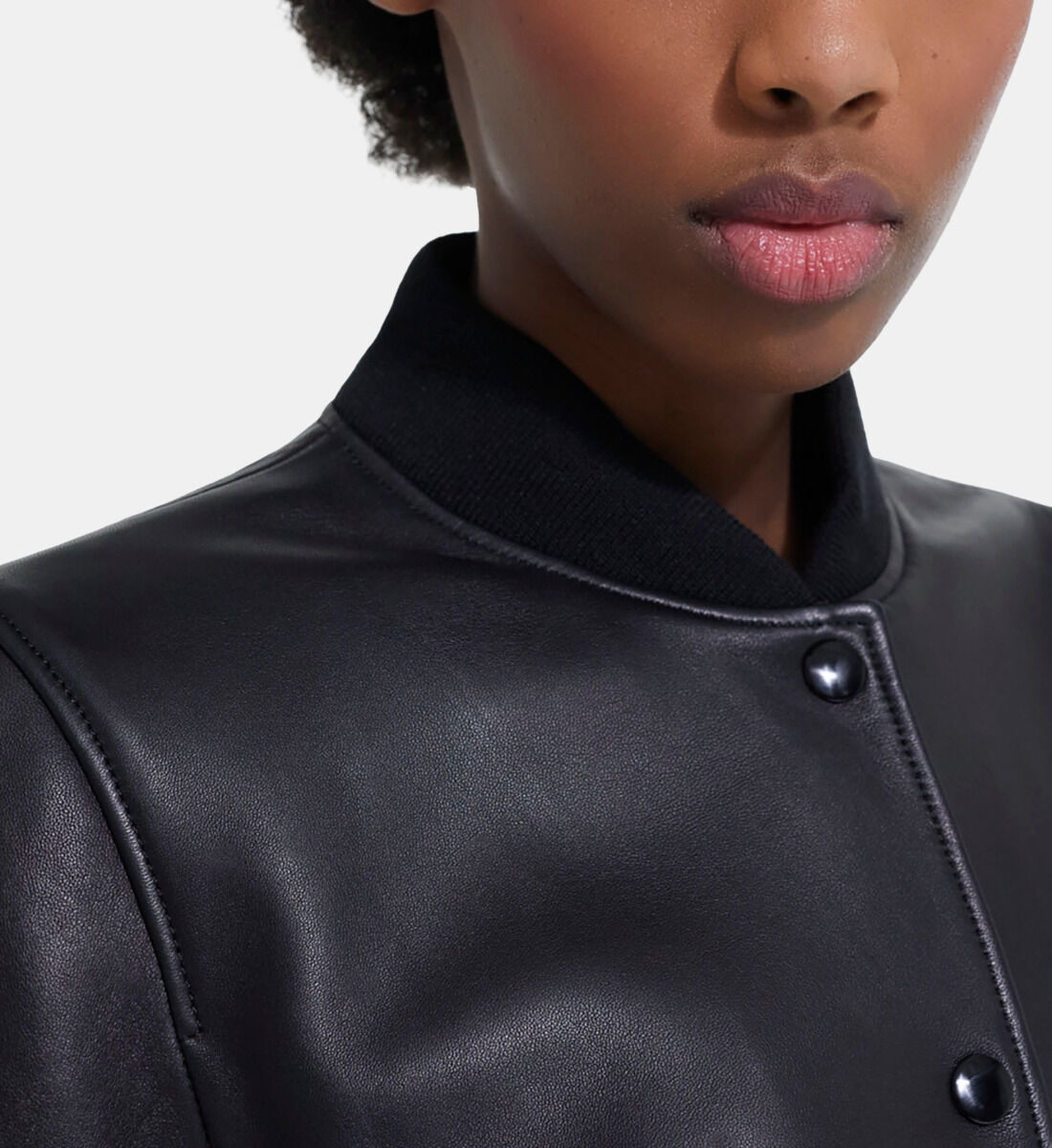 Round neck black leather jacket hot sale