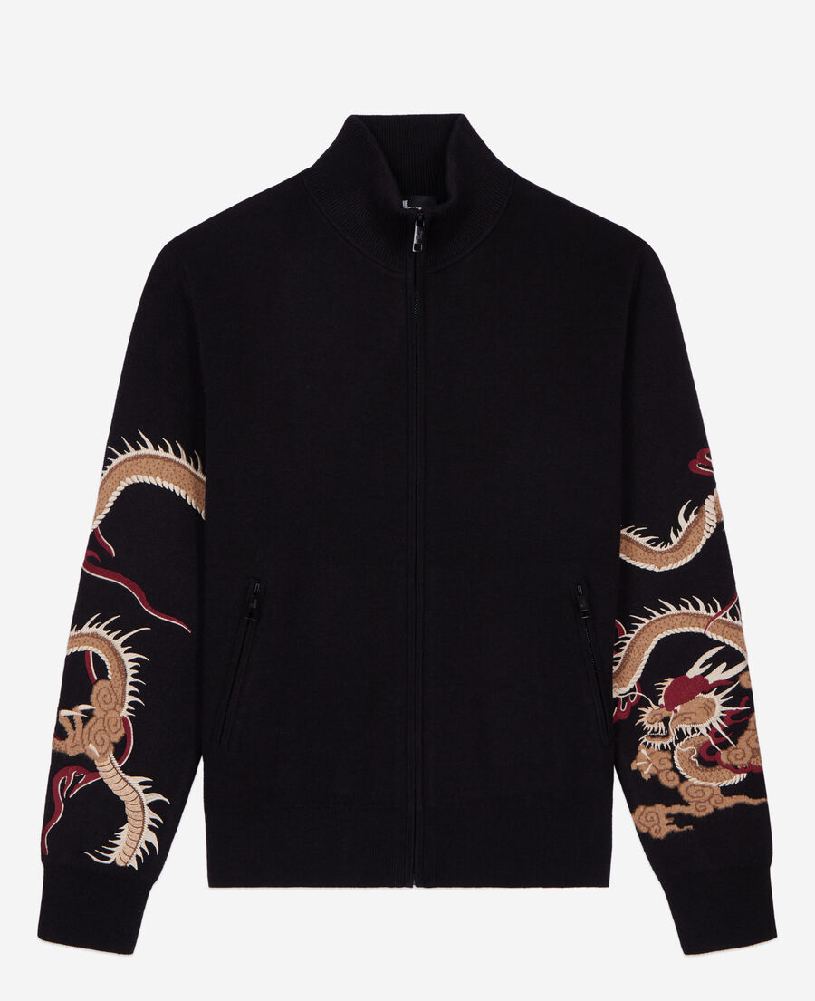 black wool-blend cardigan with dragon embroidery