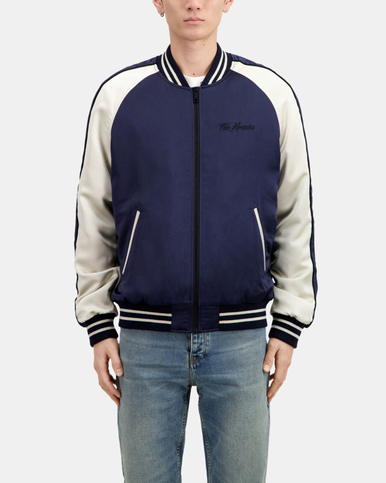 The Kooples MEN NAVY navy blue satin jacket with dragon embroidery