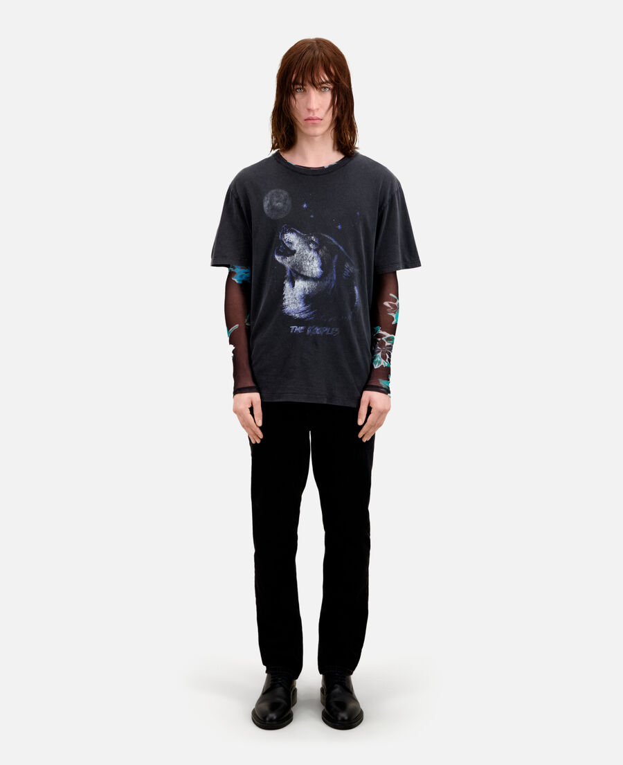 men's black t-shirt with wolf serigraphy