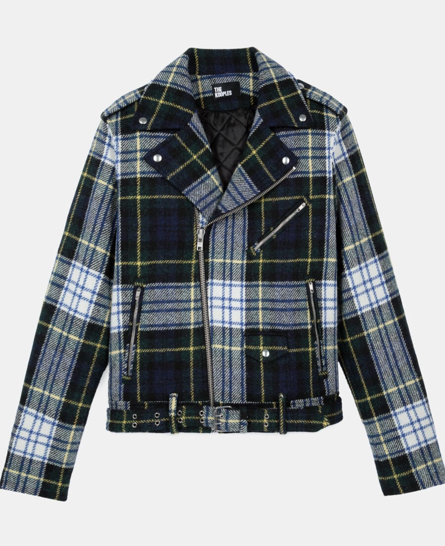 The Kooples H GREEN-WHITE green and navy blue check wool biker jacket the kooples x harris twed