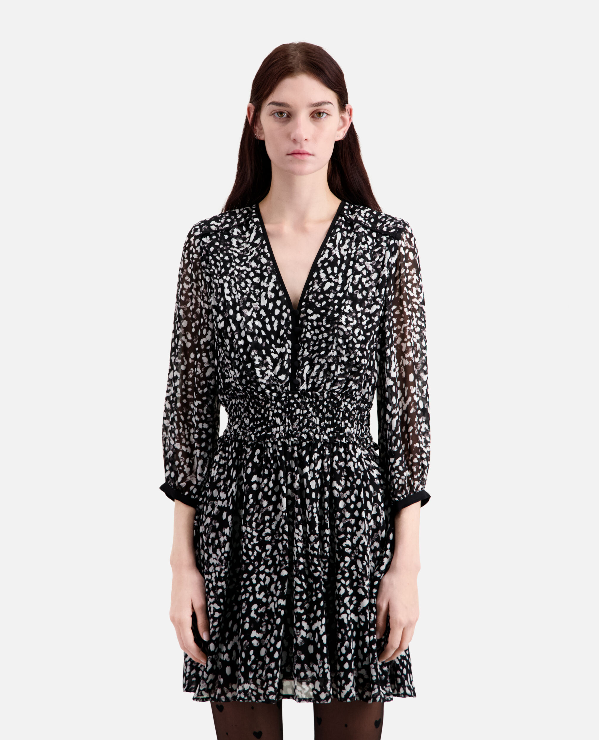 Kurzes Kleid mit Print und gesmokten Details, BLACK WHITE, hi-res image number null