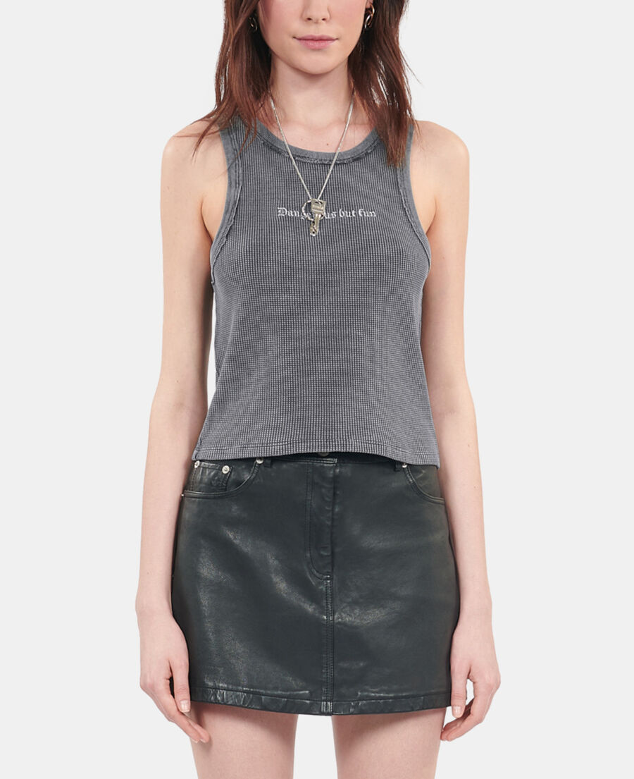 The Kooples F BLACK WASHED black tank top with dangerous but fun serigraphy