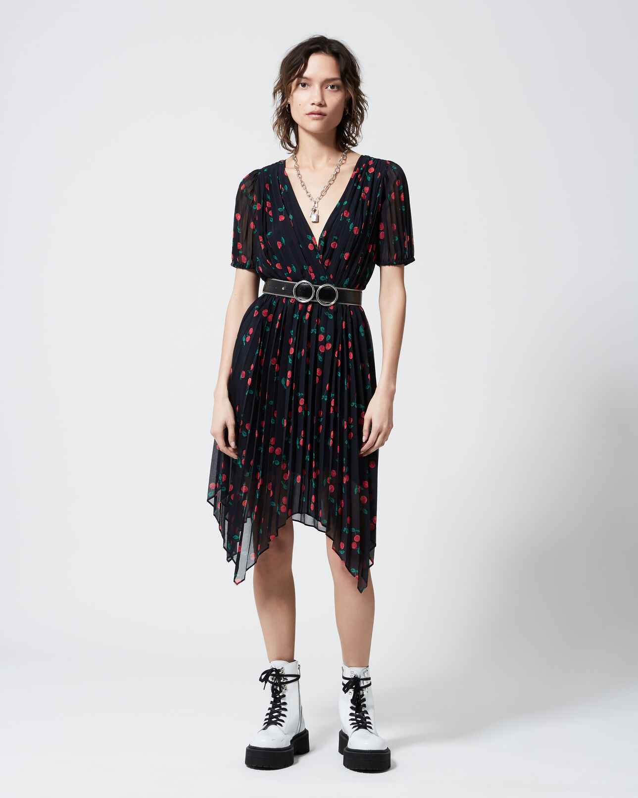 The Kooples WOMEN NAVY pleated navy blue short formal dress with motif