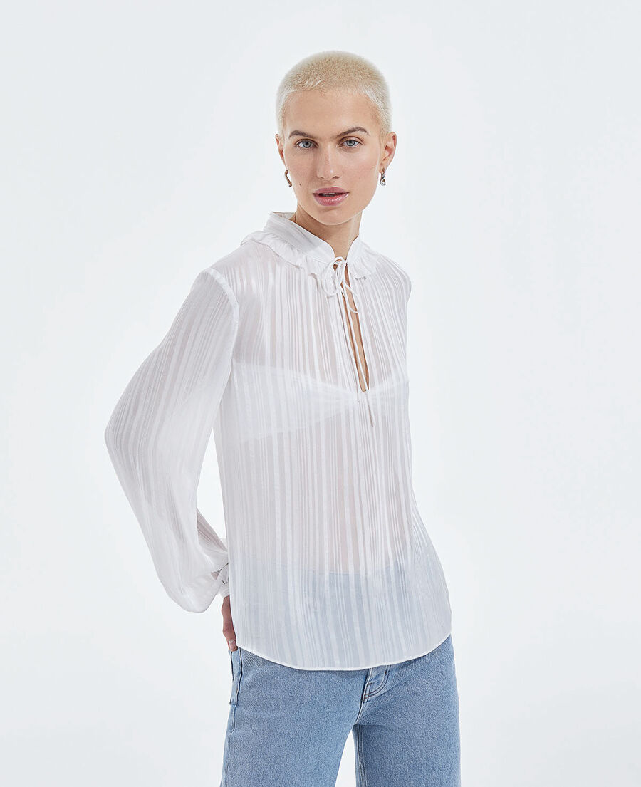 loose-fitting striped ecru top w/ knotted collar