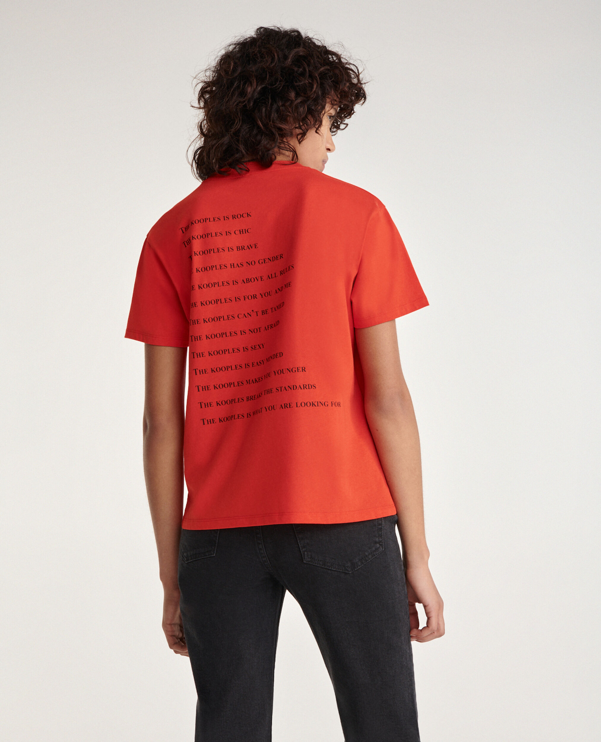 Red cotton T-shirt with print what is, RED, hi-res image number null