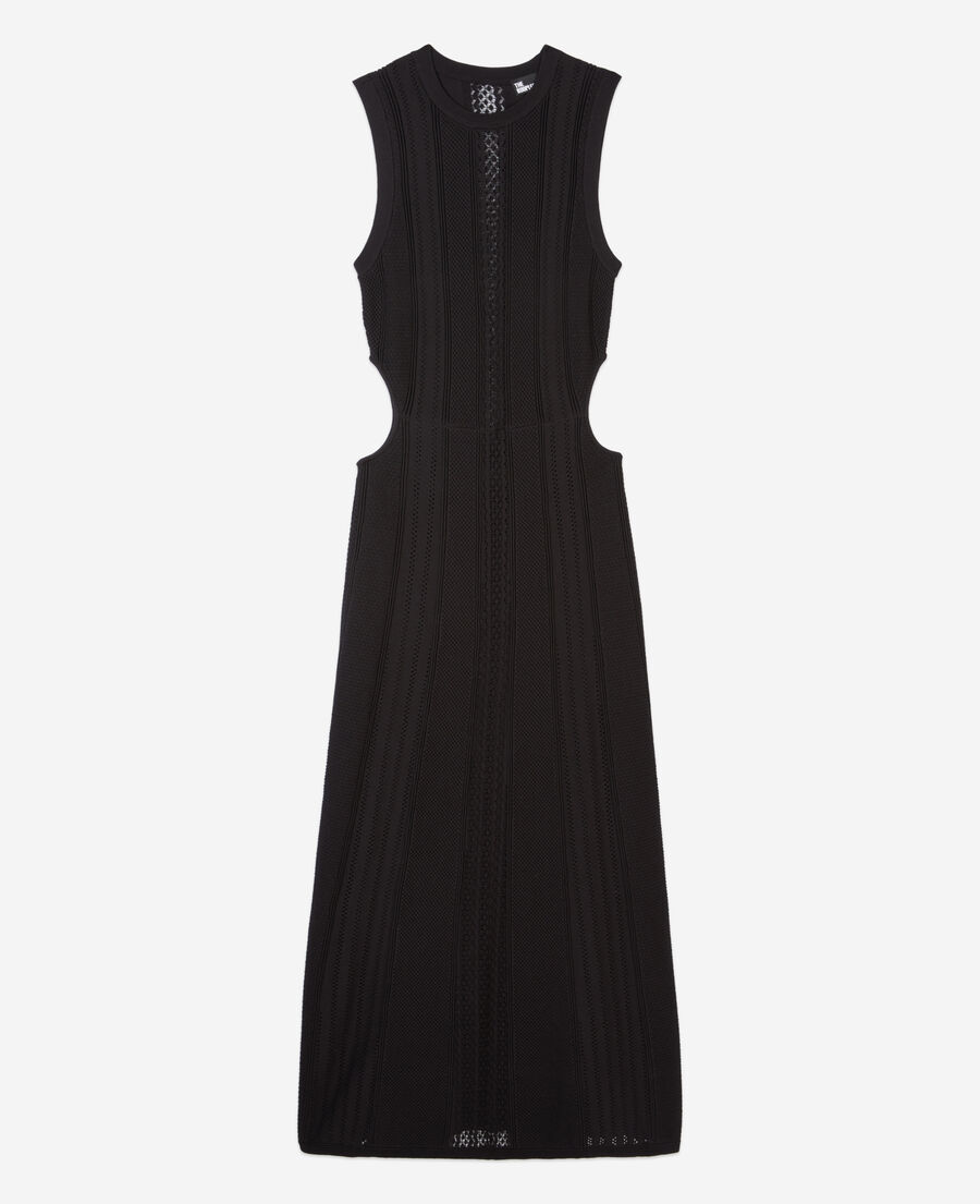 robe longue noire en maille ajourée avec ouvertures
