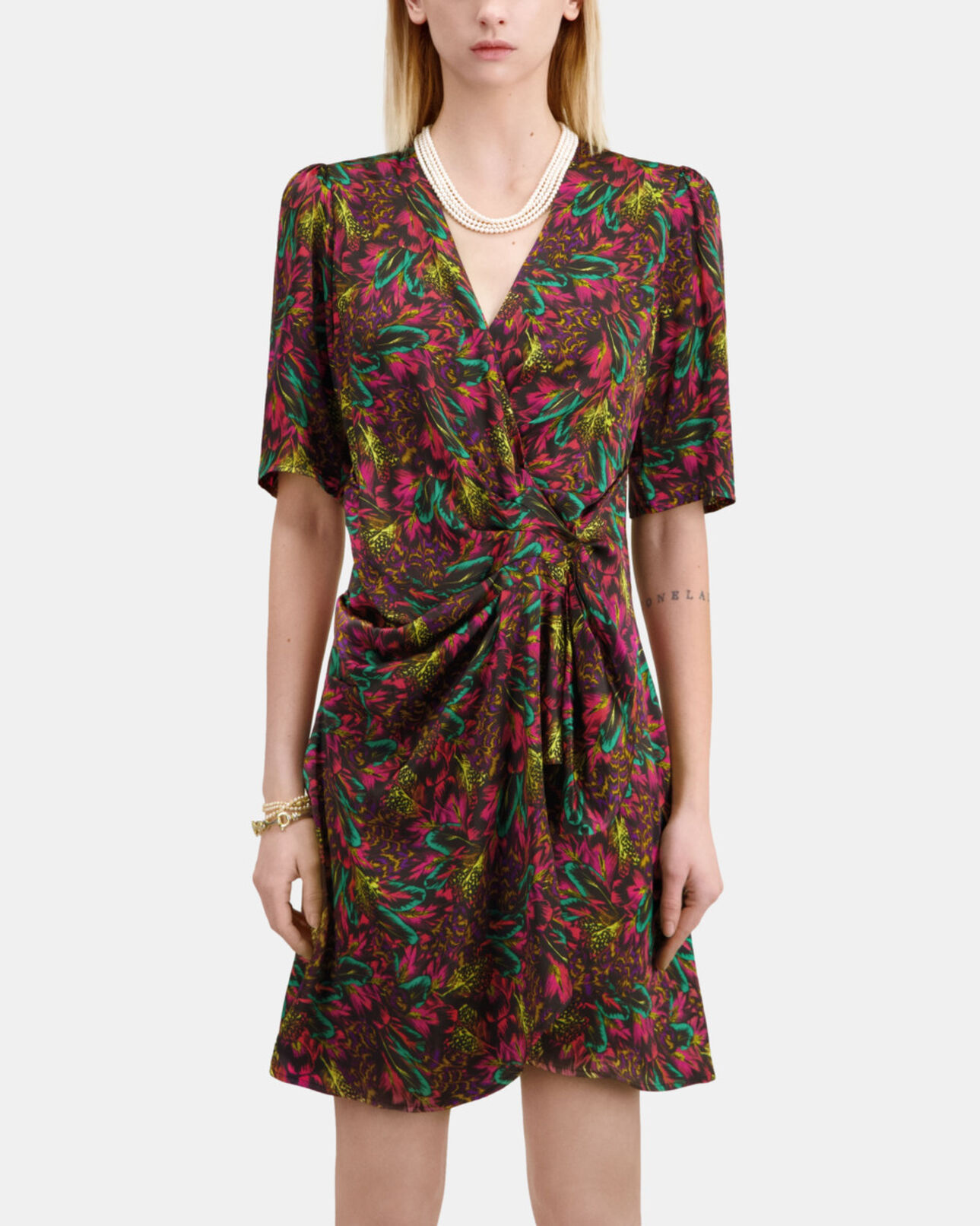 The Kooples WOMEN MULTICOLOR multicolor feather print short sleeve short dress with draping