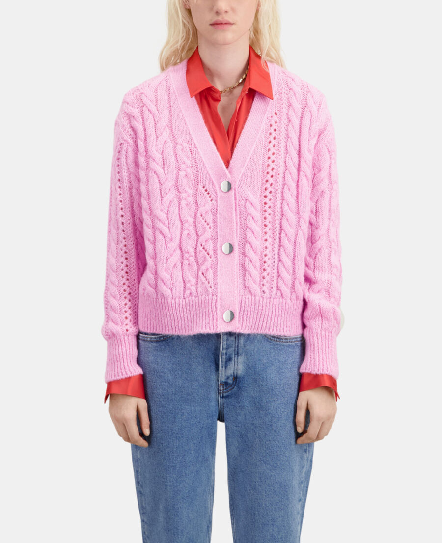 The Kooples FEMME PINK cardigan en m&eacute;lange de laine torsad&eacute; rose