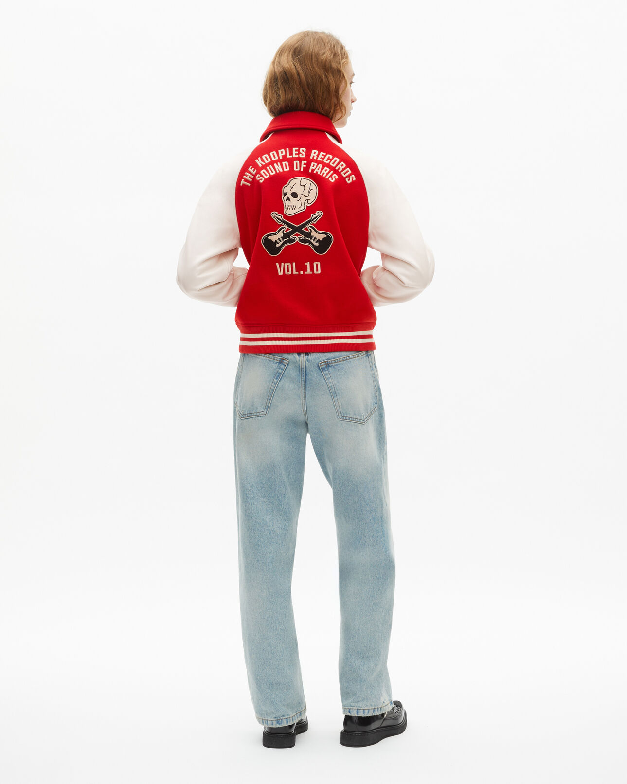 The Kooples FEMME RED / WHITE blouson en laine et cuir rouge et blanc