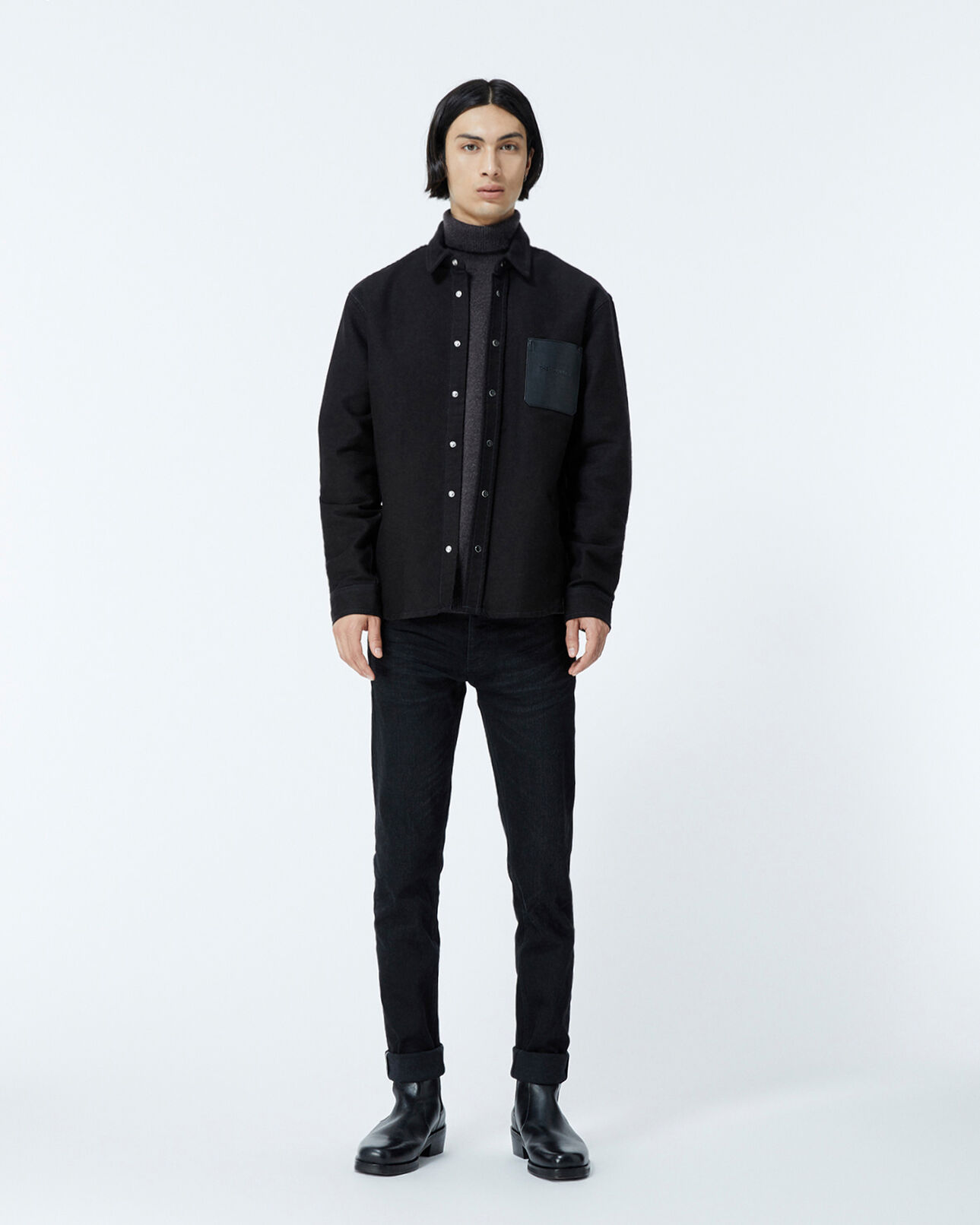The Kooples HOMME BLACK chemise jean noir poche poitrine cuir