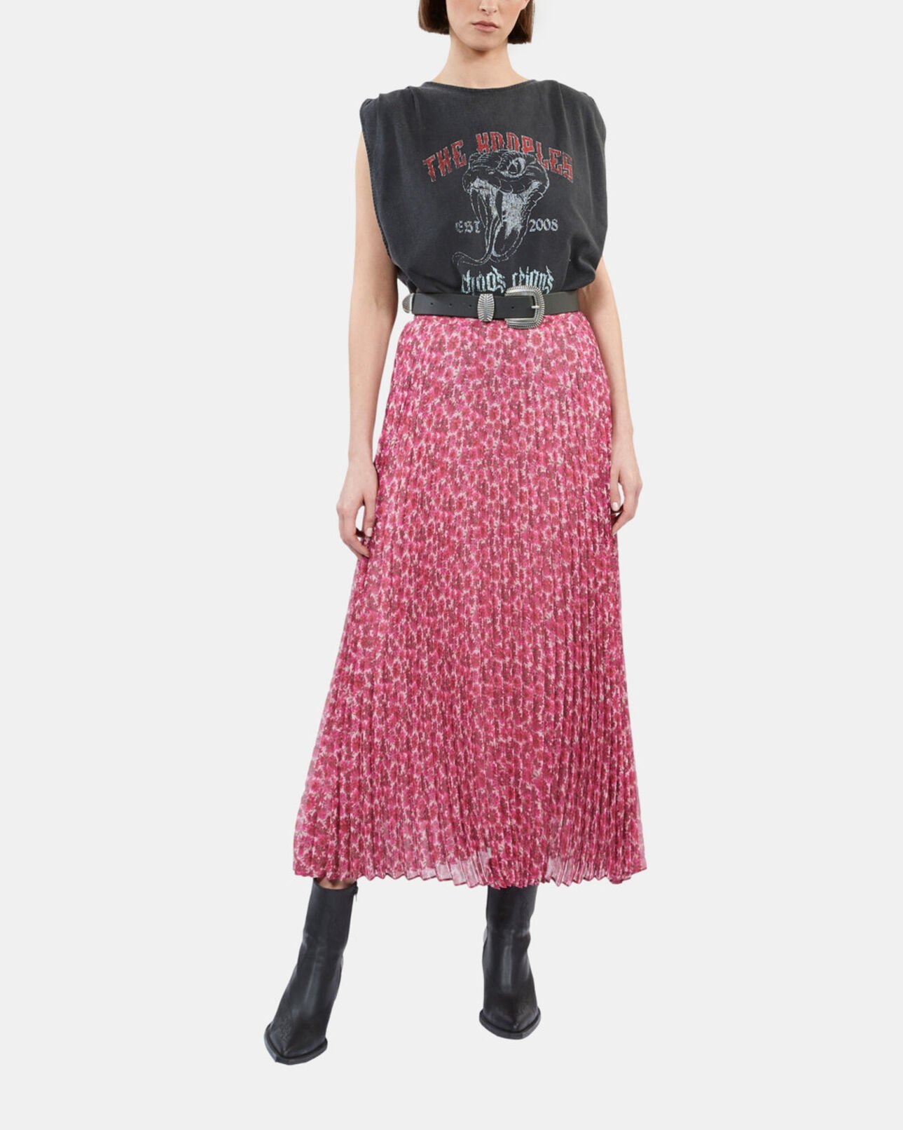 The Kooples FEMME PINK jupe longue plissée fleurie