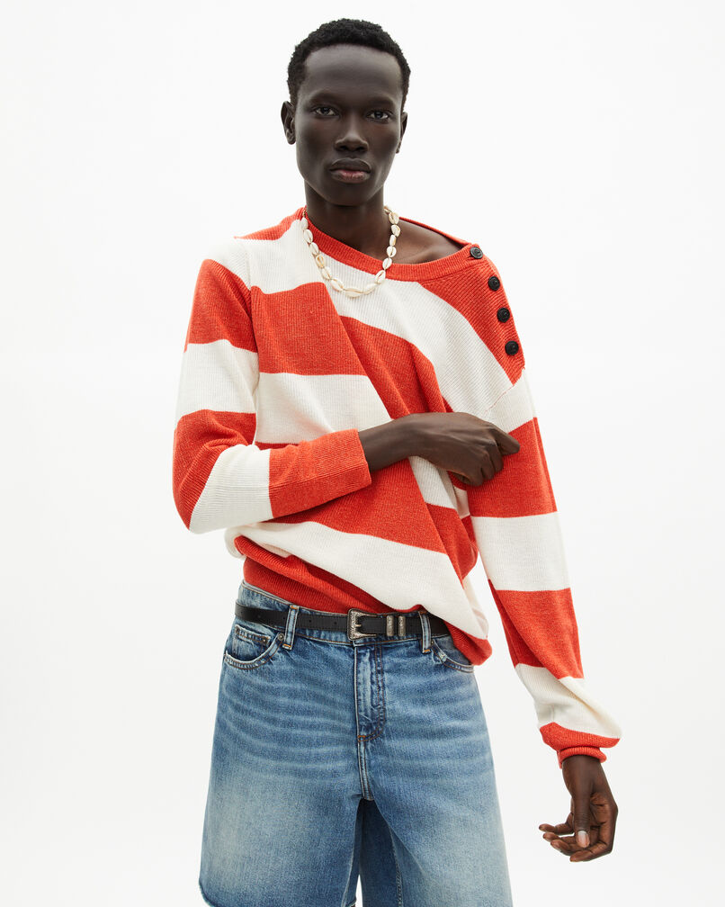 The Kooples HOMME ORANGE ECRU pull en laine et lin à rayures orange