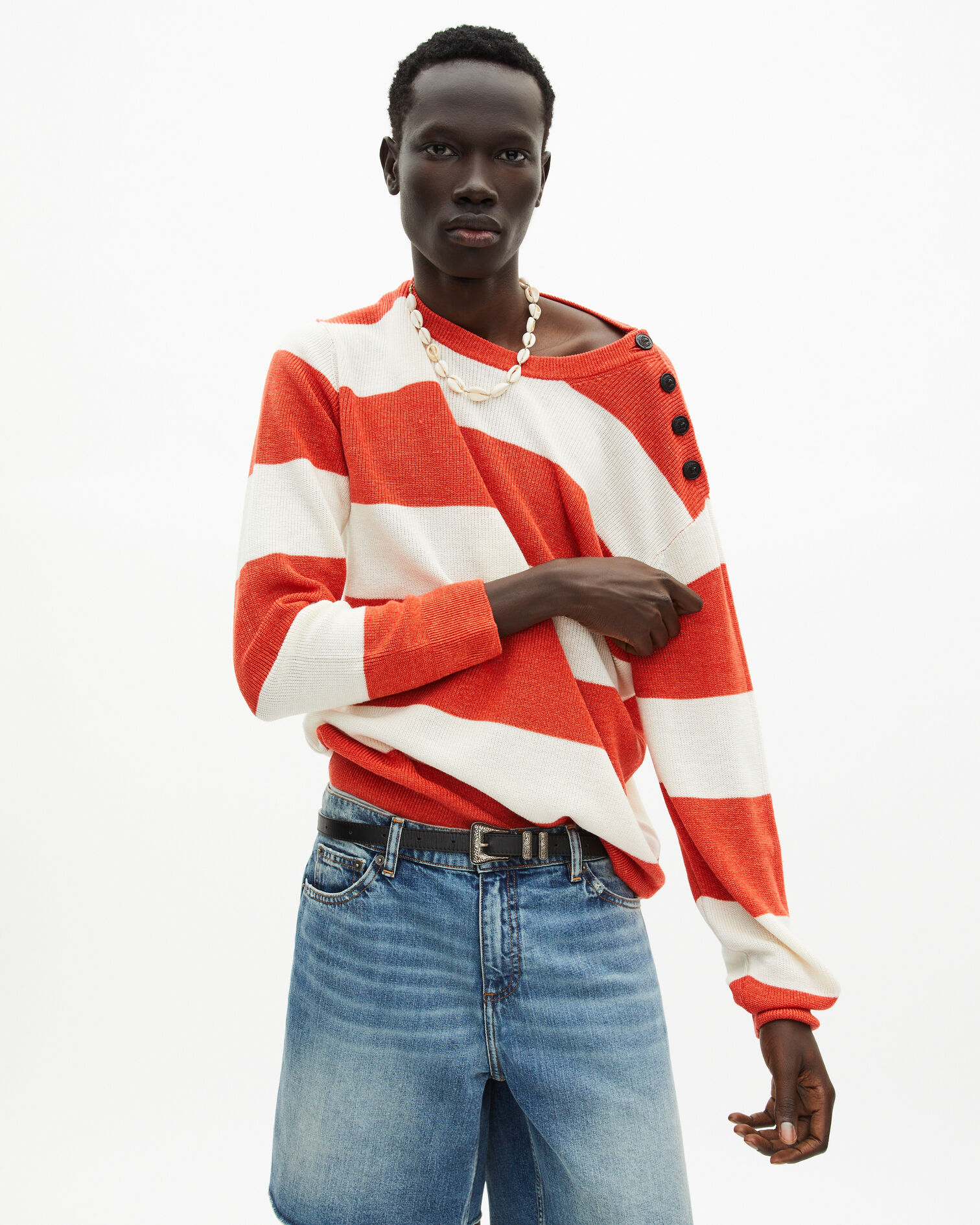 Orange gestreifter Pullover aus Wolle und Leinen, ORANGE ECRU, hi-res image number null