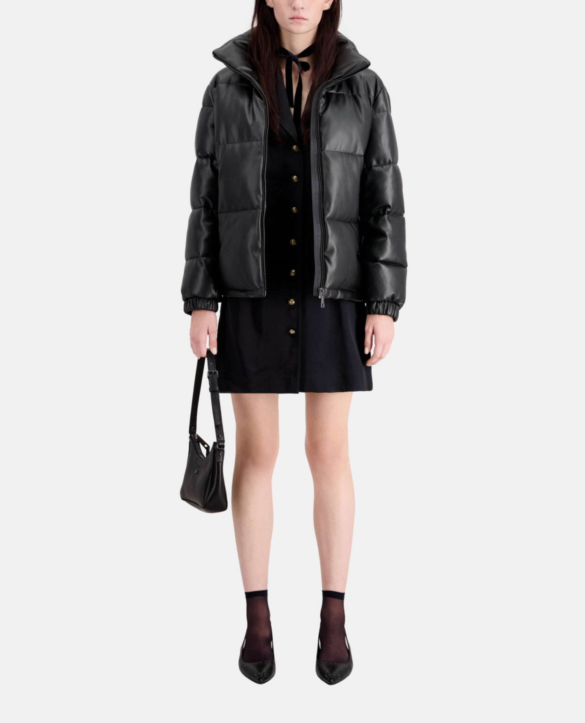 Black faux leather puffer jacket, BLACK, hi-res image number null