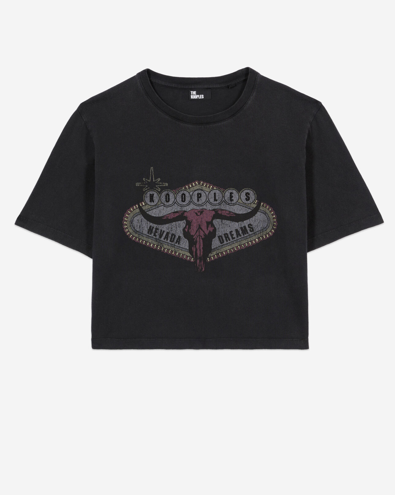 The Kooples WOMEN BLACK WASHED black t-shirt with nevada dreams serigraphy