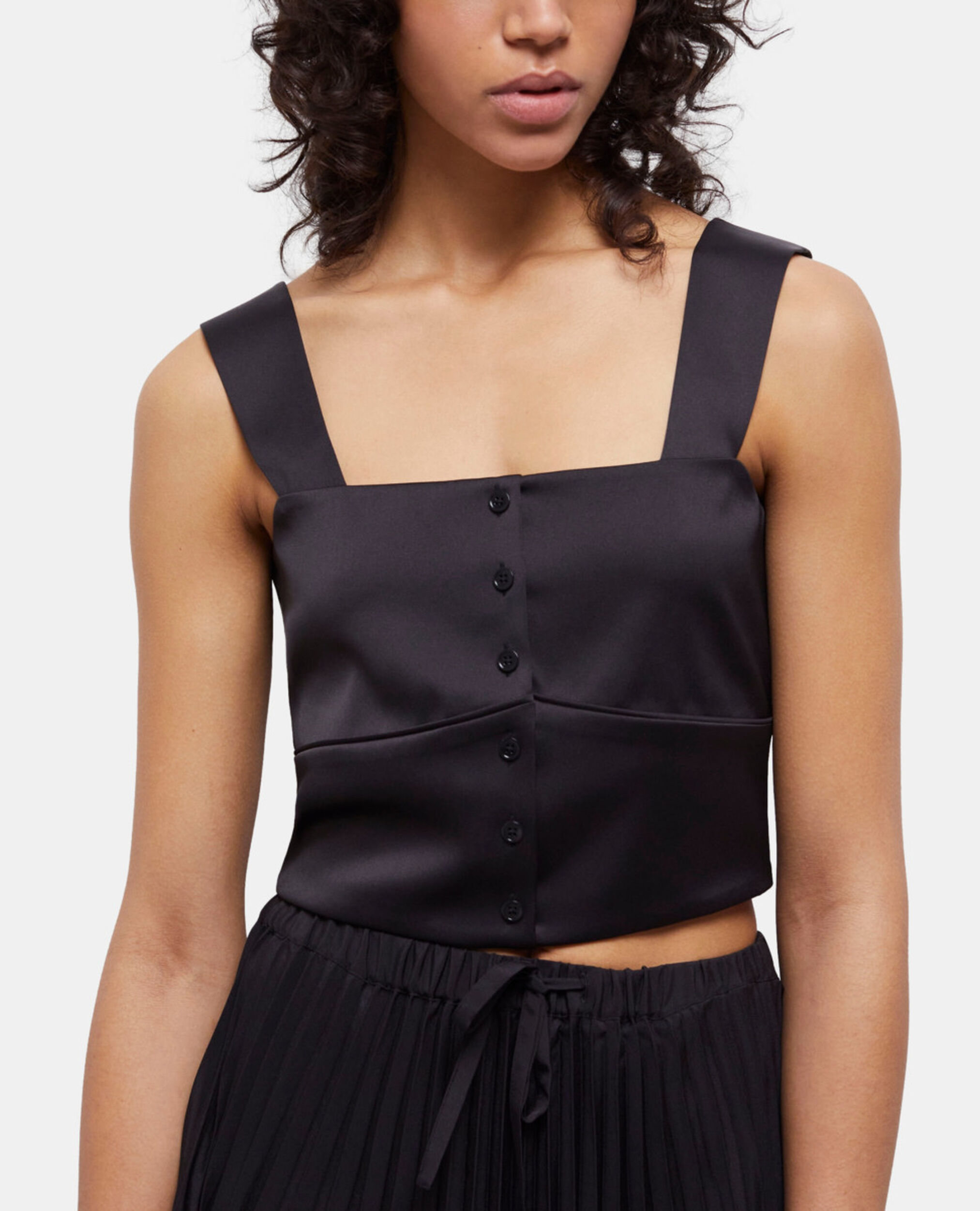Short black satin top with buttoning, BLACK, hi-res image number null