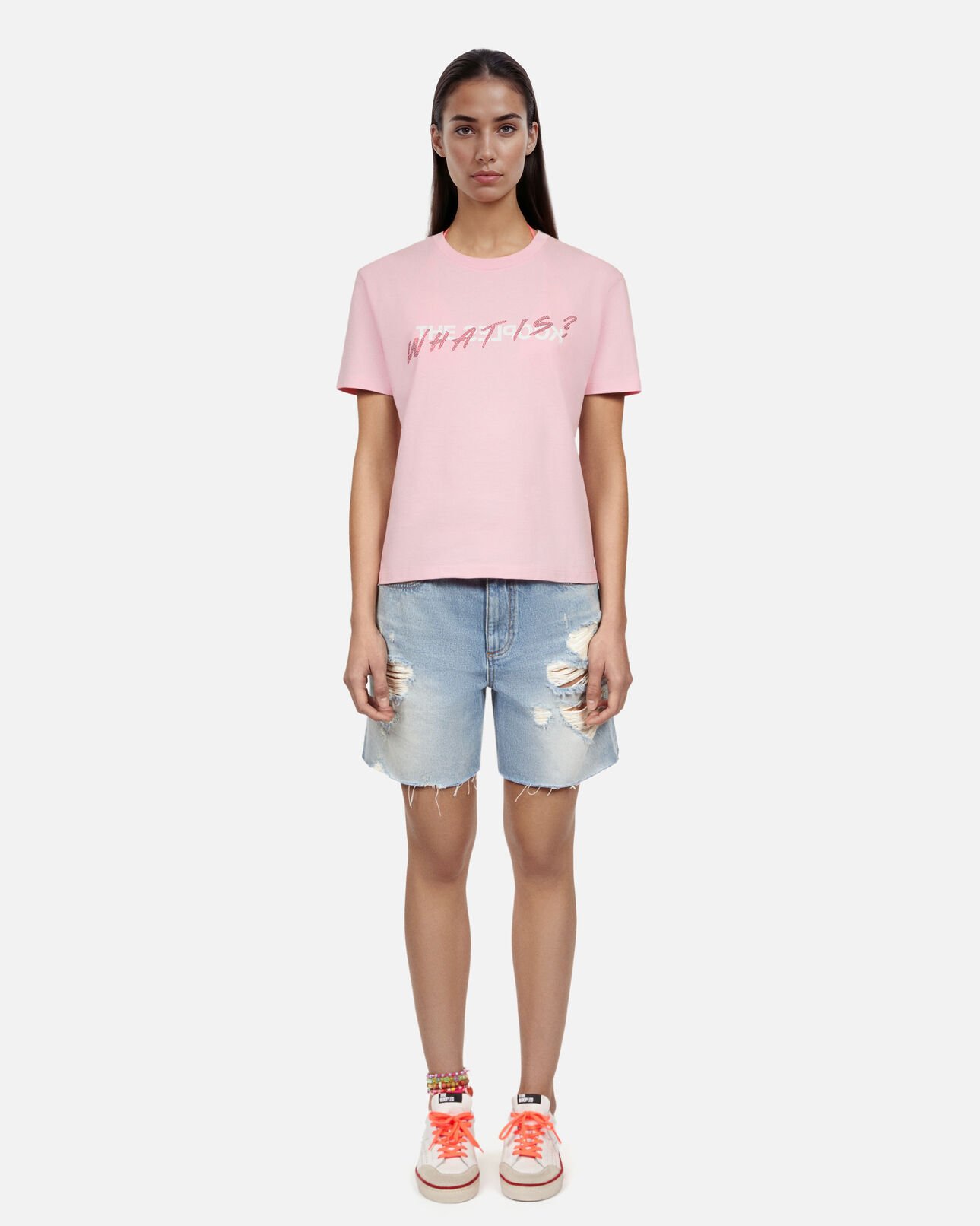 The Kooples DAMEN POWDER PINK rosa t-shirt „what is“ mit strassbesatz