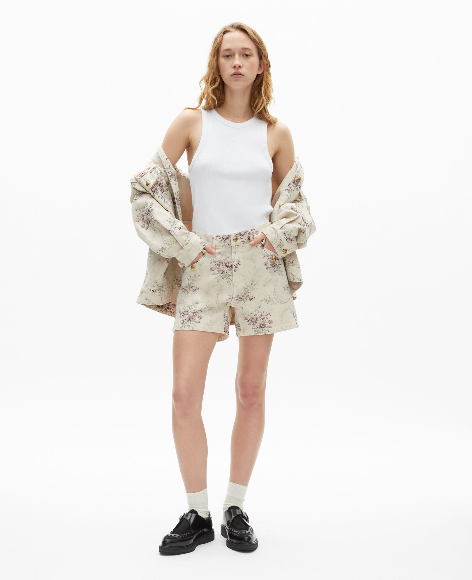 The Kooples WOMEN BEIGE TAUPE beige shorts with 'antik flowers' print
