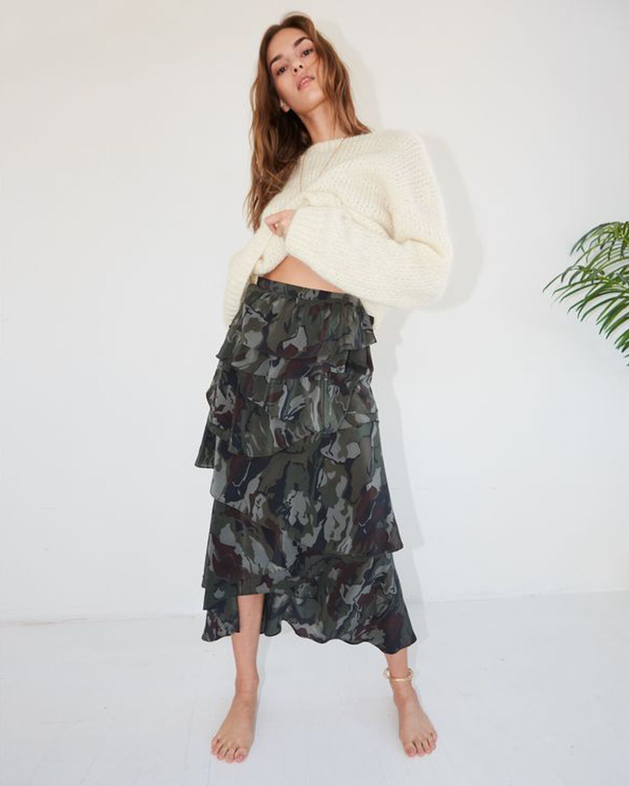The Kooples WOMEN CAMOUFLAGE asymmetric viscose skirt with camouflage motif and frills