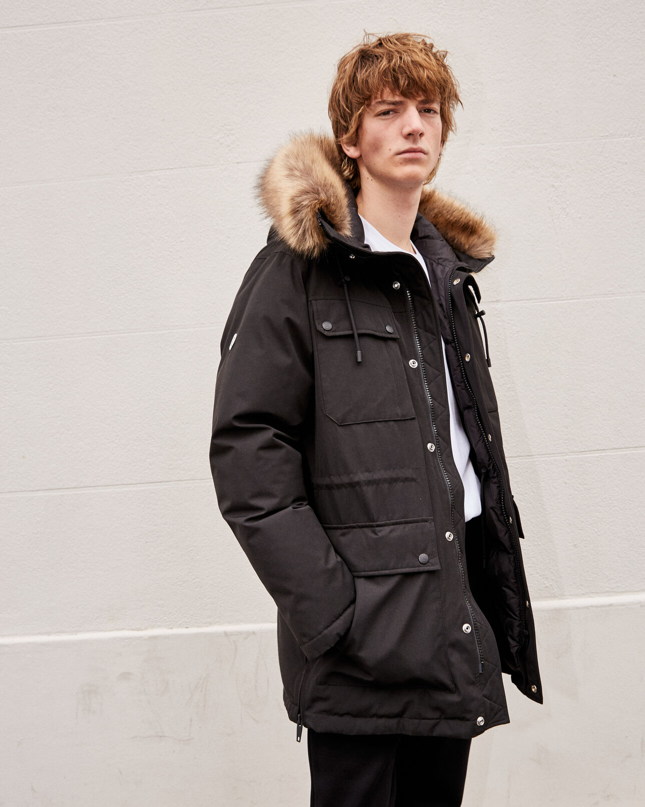 The Kooples HOMME BLACK parka polyester noire multipoches zippée
