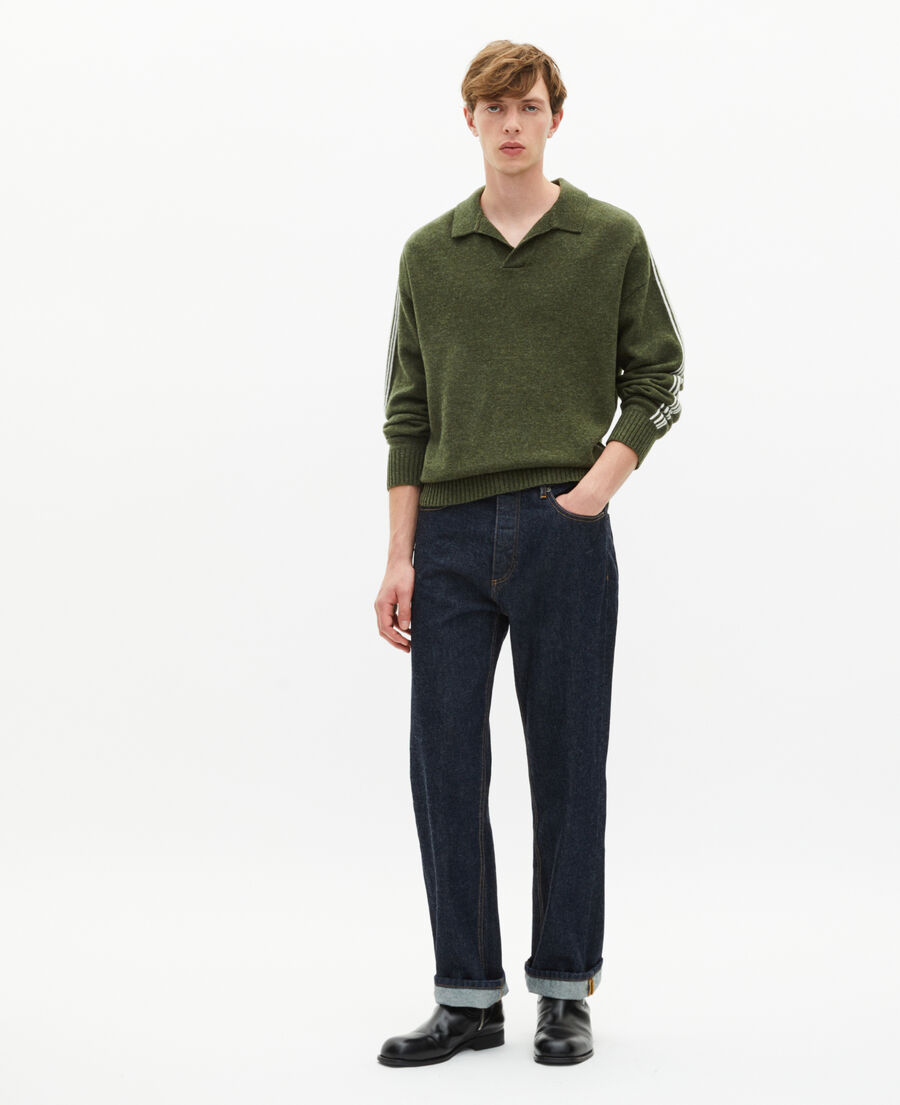 The Kooples H GREEN polo-neck sweater in wool with contrasting khaki stripes