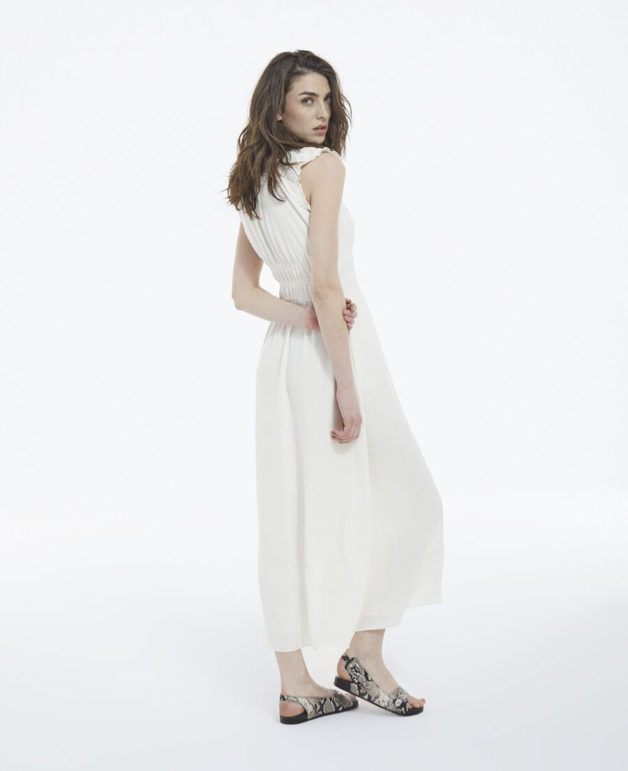 long ecru formal dress with plunging-neck
