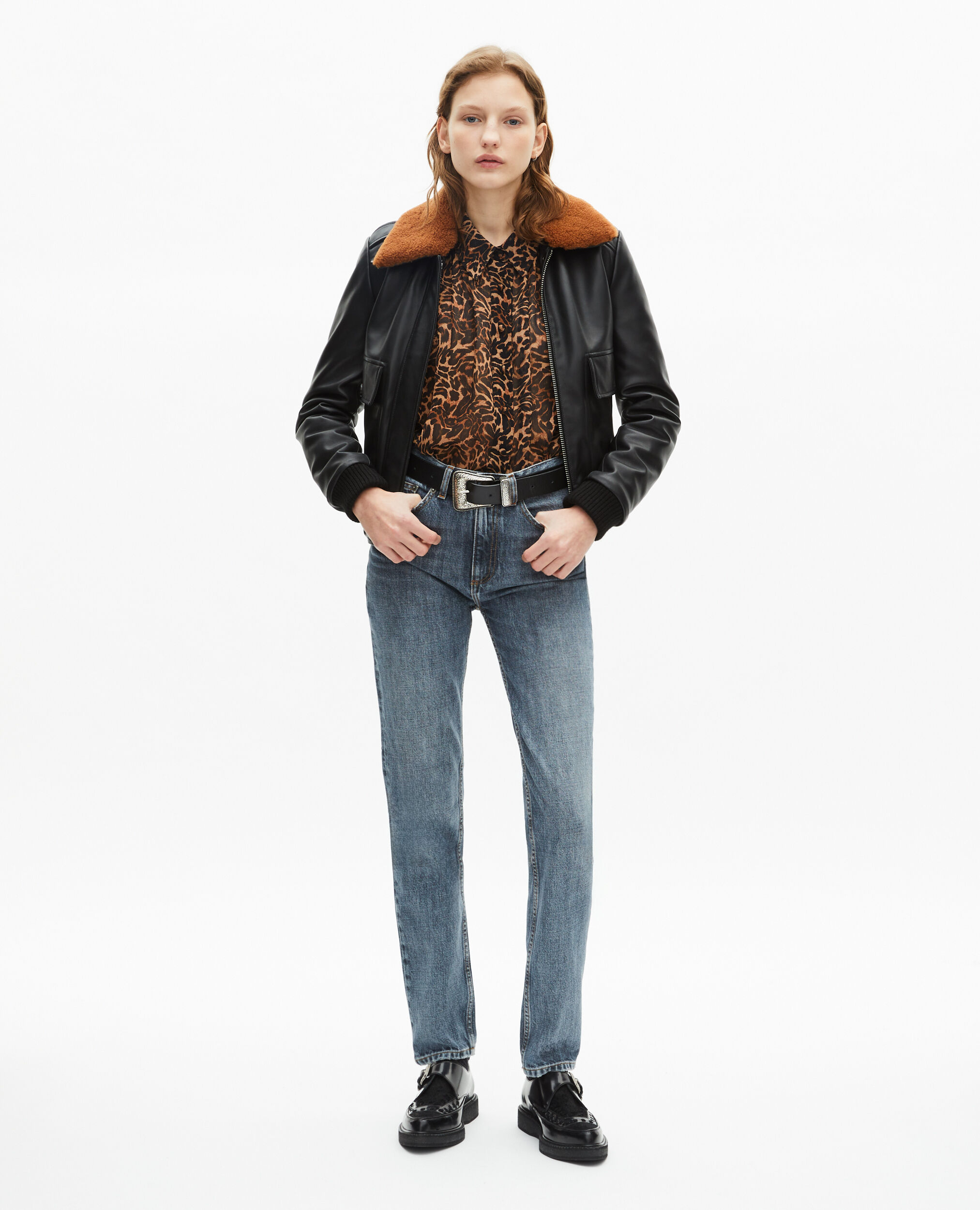 Blouson en cuir avec col sherpa noir, BLACK, hi-res image number null